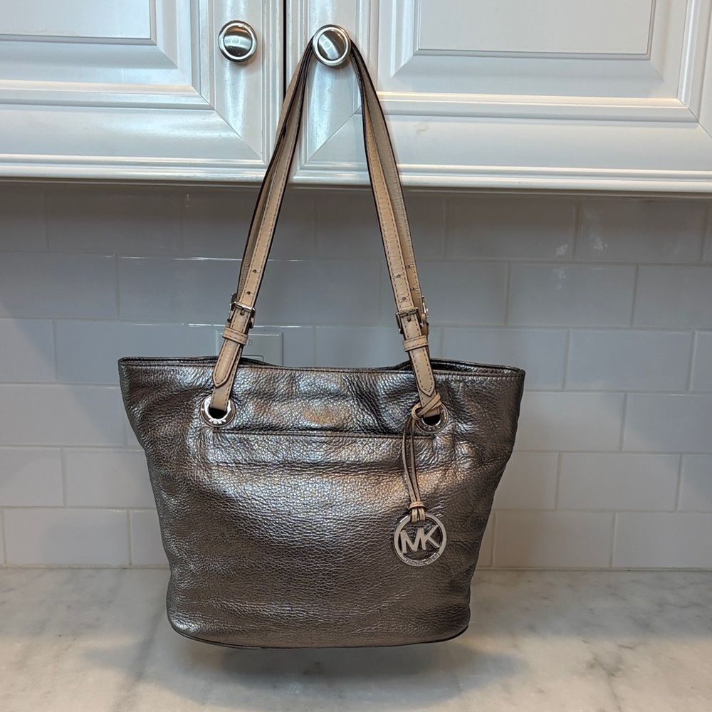 Michael Kors Bag Purse Handbag Leather Metallic Pebbled Shoulder Tote Pocketbook